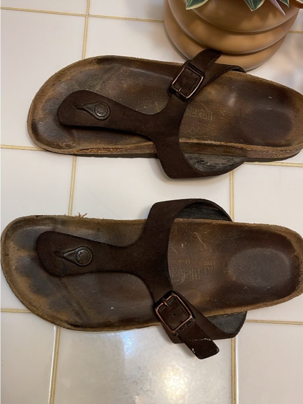Birkenstock Dark Brown Suede Thong Sandals with Buckle